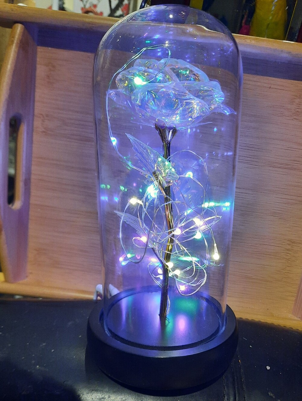 Elegant LED Beauty & The Beast Glass Rose Dome Lantern Light Table Top Decoré